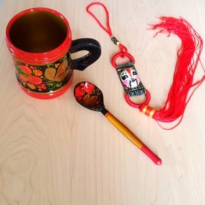 Decorative Laquered Russian Hohloma Teacup and Spoon